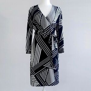 Covington Women's Classic 3/4 Sleeve V Neck Black/White Wrap Dress Size Small